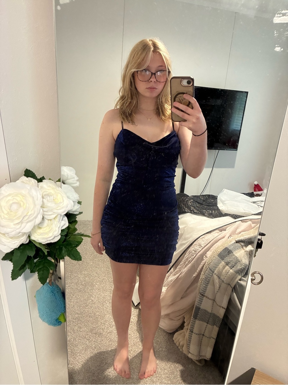 Emerald Sundae Midnight Blue Velvet Ruched Cowl Neck Mini Dress
